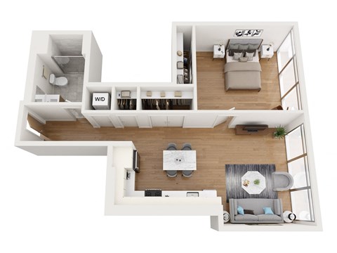 Floor plan for 1 bed, 1 bath, 735 sqft